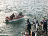 HMNZS KIWI throws a line to the stranded vessel 